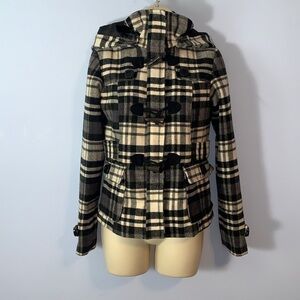 Hydraulic plaid tartan Black White Purple toggle pea hooded coat Y2K size  S